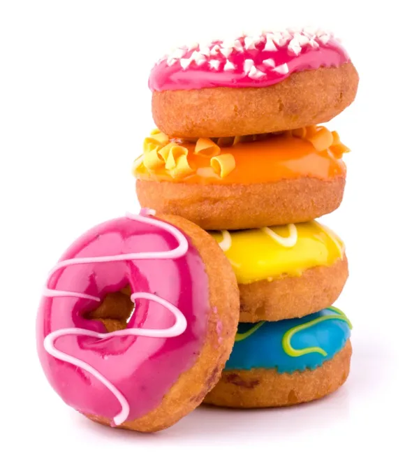 stack of colorful frosted donuts