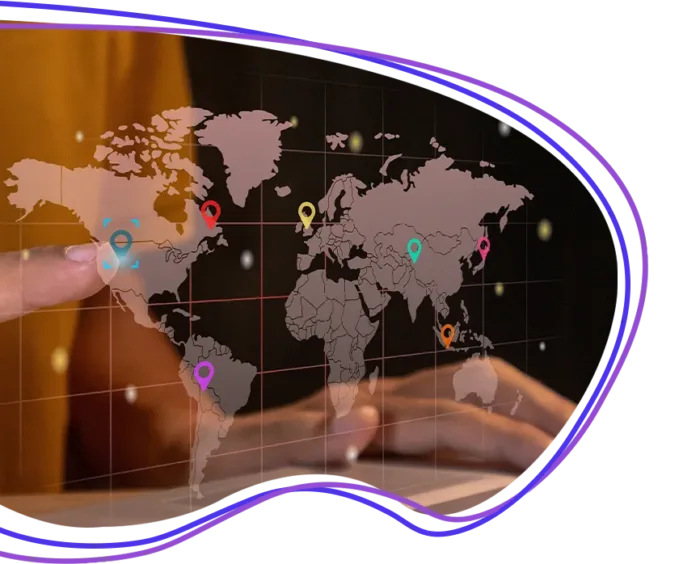 world map with colorful pins on several countries
