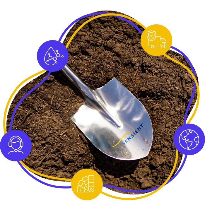 shovel with sensient logo and industry icons
