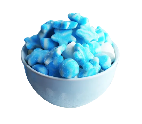 blue candies in a bowl