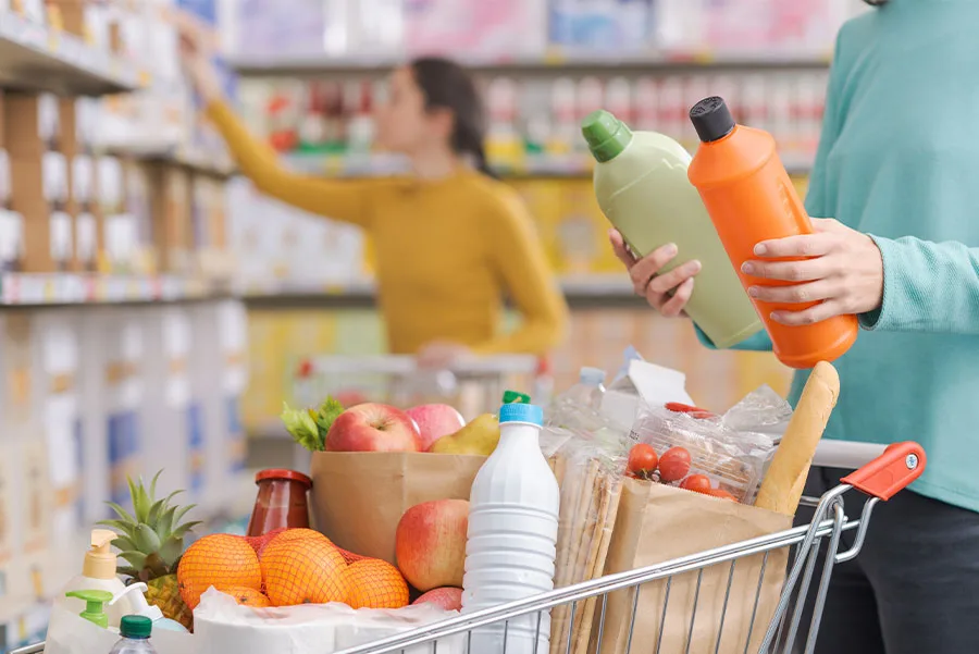 shopping cart filled with groceries
