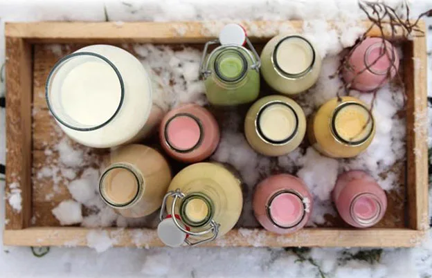 colorful glasses of milk