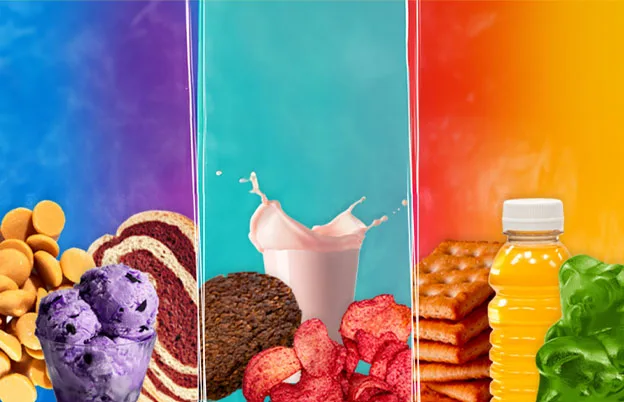 rainbow collage of food and beverage
