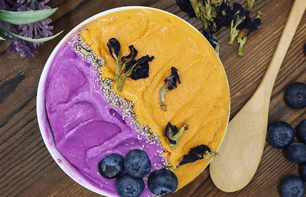 purple and gold bowl of frozen treat
