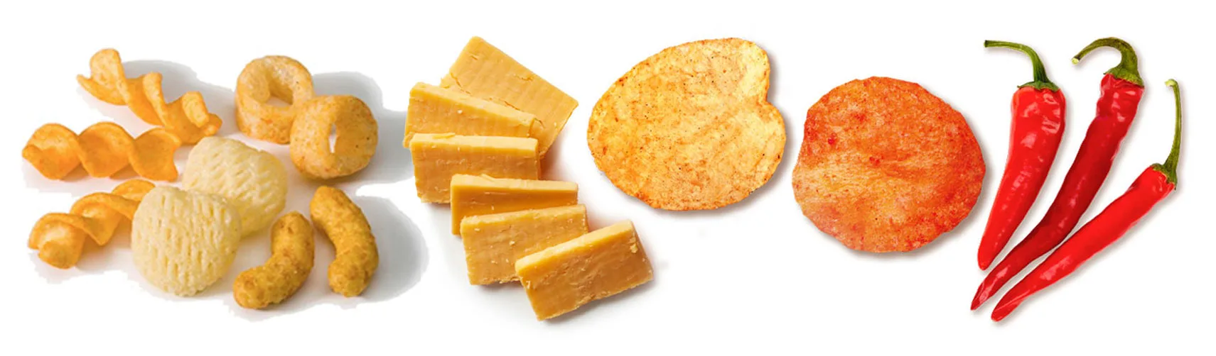 cheese, chips, puffs, and peppers