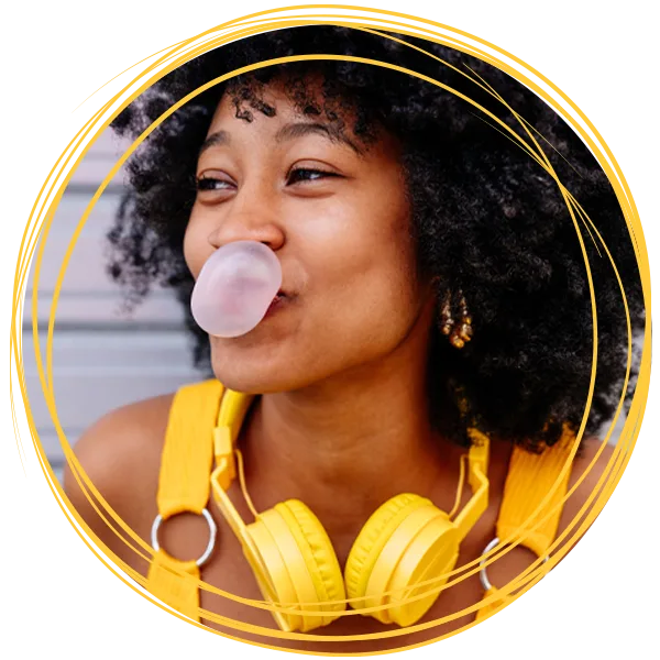 woman blowing bubbles with bubble gum