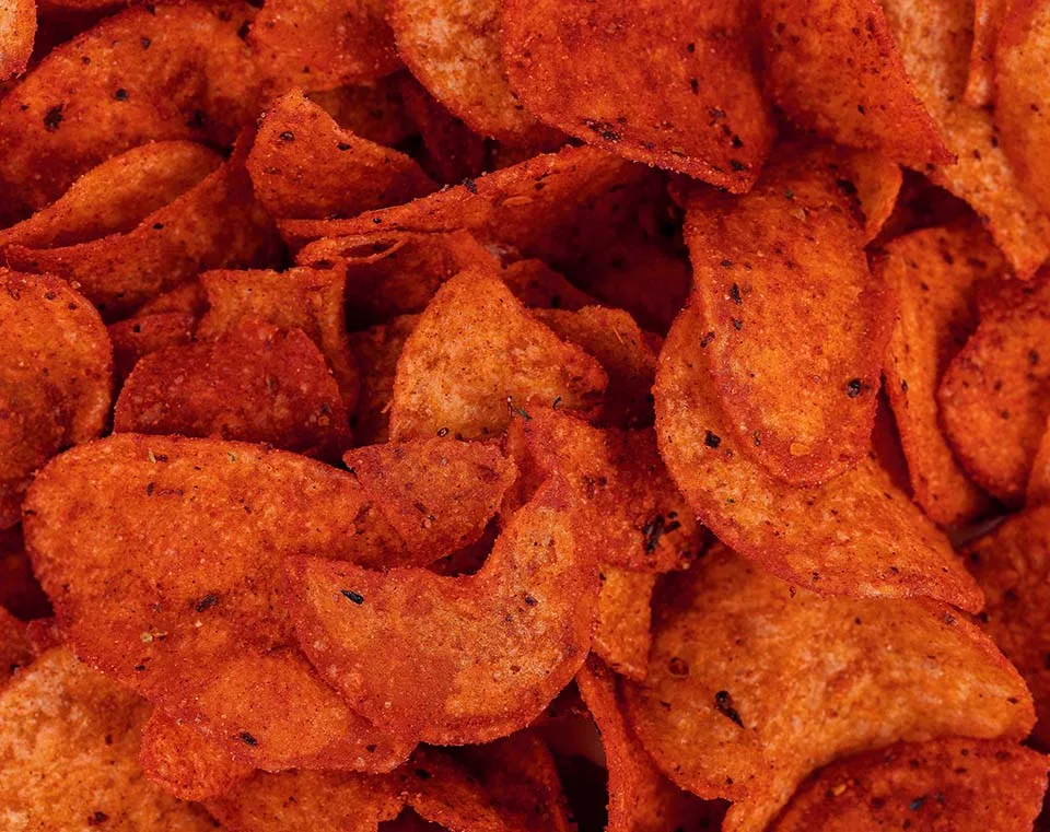 close up of spicy snack, spicy potato chips