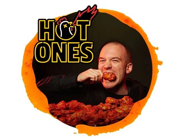 spicy hot wings with hot sauce bottle, Hot Ones
