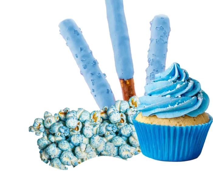 blue chocolate covered pretzel sticks, blue frosted cupcakes, blue popcorn