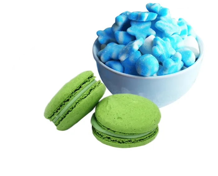 blue gummy candies and green macaroons