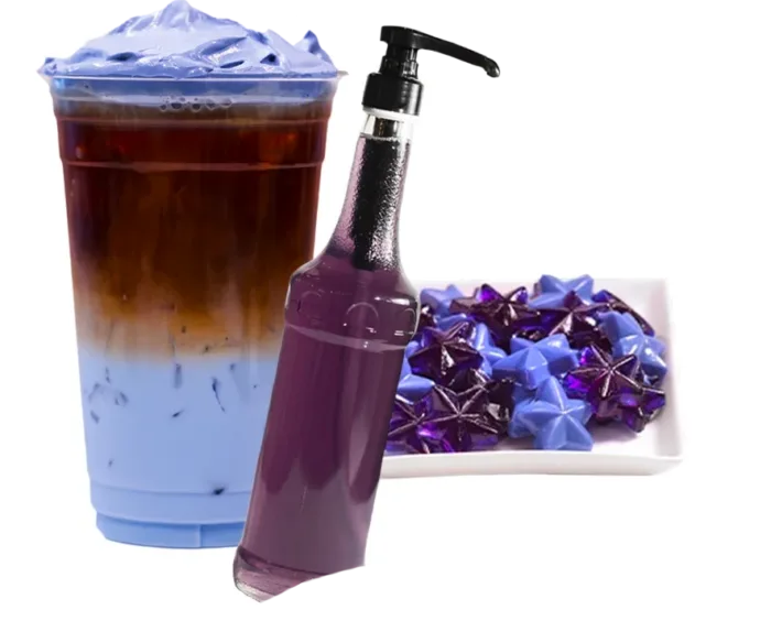 purple/blue syrup and drink with foam, and hard candies