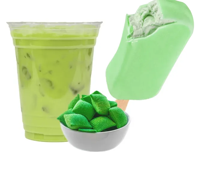 green drink, green chip snacks, and green ice cream ice pop