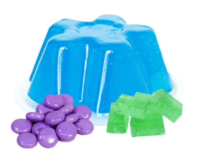 bright blue jello mold, purple shelled candies and green candy