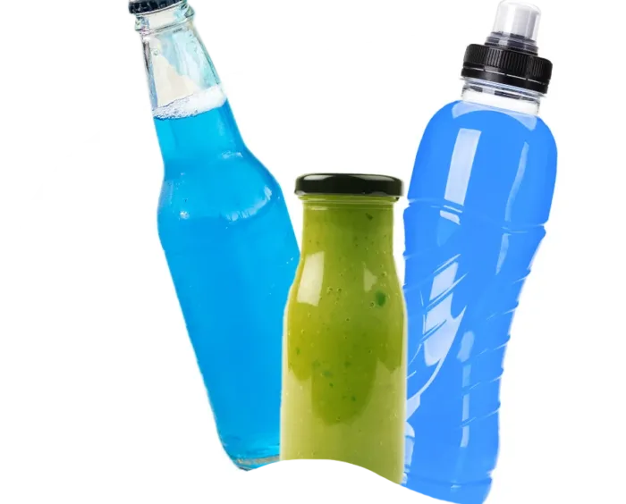 bright purple alcoholic drink, green dressing, bright blue energy drink