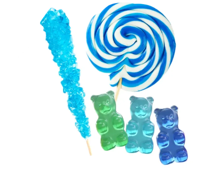 blue and green lollipops and gummy bears