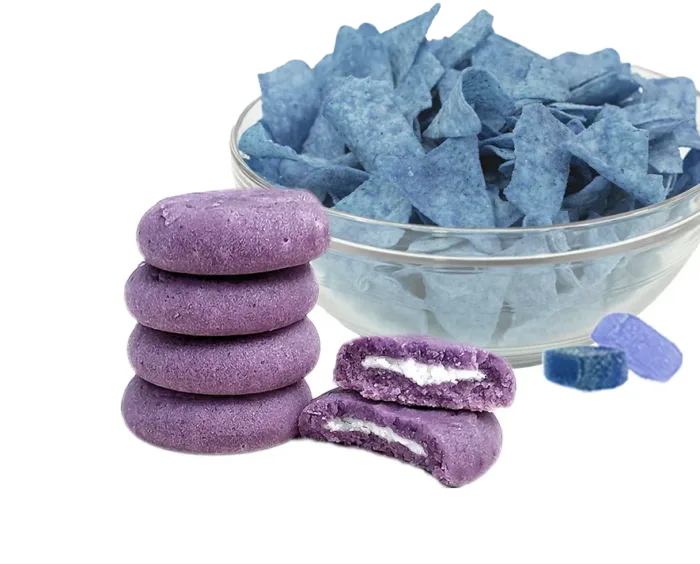 purple cookies, blue candies and blue tortilla chips