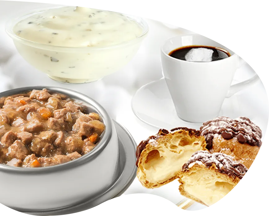 dog food, cream puffs and white sauce