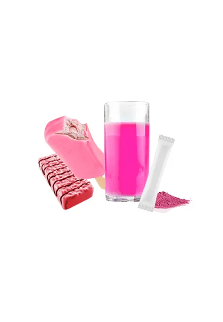 pink powder drink, pink coated granola bar, pink ice cream