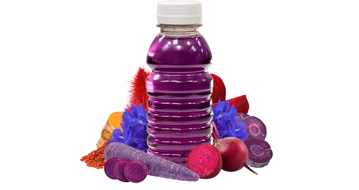purple bottle surrounded by raw ingredients