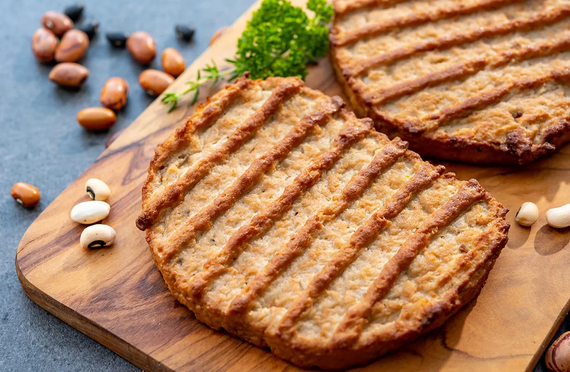 Plant based beef on cutting board
