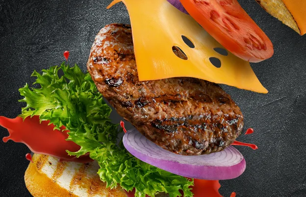 Plant based burger, flying elements