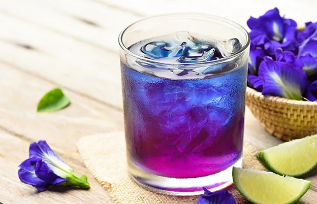 bright blue purple drink from butterfly pea