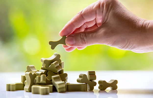 hand piling up mini dog bone treats