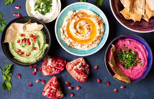 bowls of dips and spreads