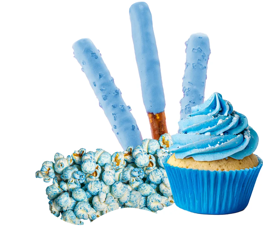 blue chocolate covered pretzel sticks, blue frosted cupcakes, blue popcorn