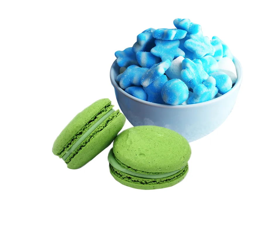 blue gummy candies and green macaroons
