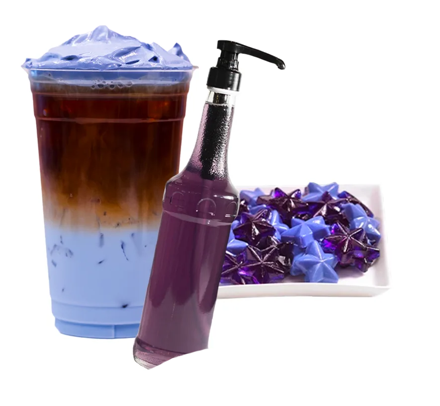 purple/blue syrup and drink with foam, and hard candies
