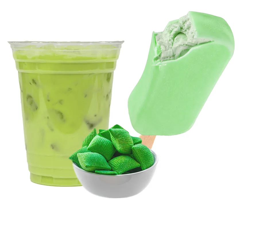 green drink, green chip snacks, and green ice cream ice pop