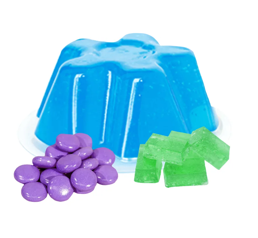 bright blue jello mold, purple shelled candies and green candy