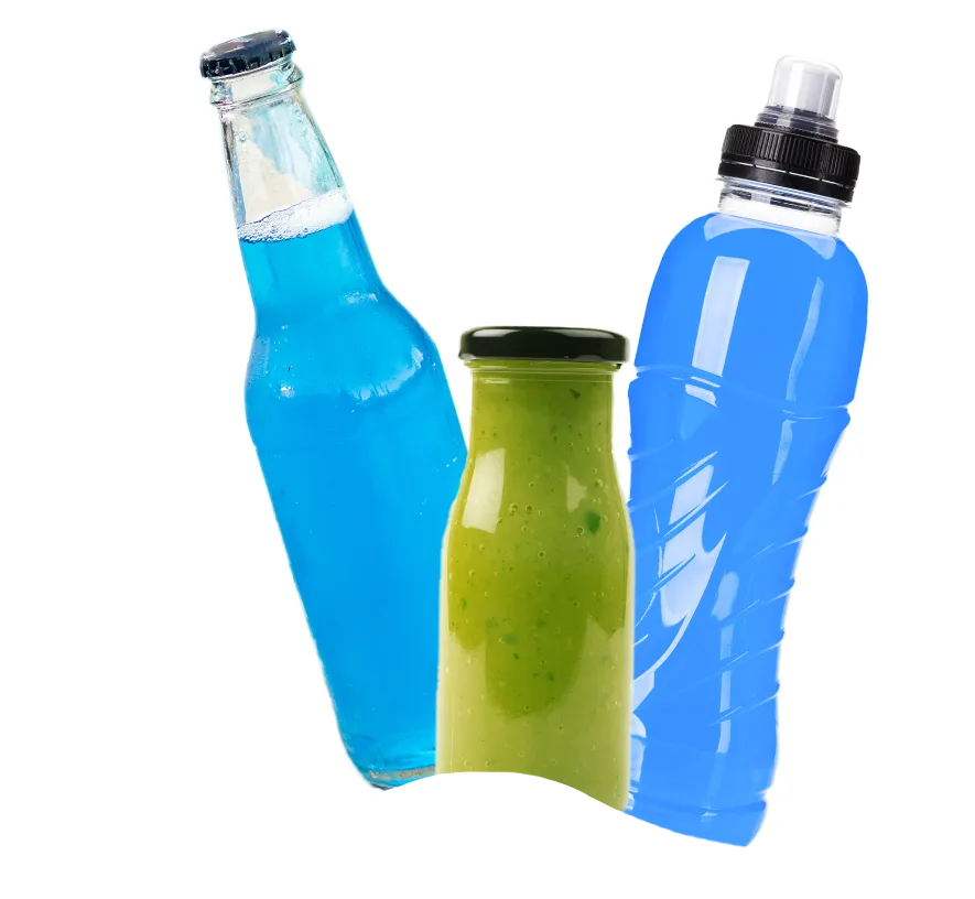 bright purple alcoholic drink, green dressing, bright blue energy drink