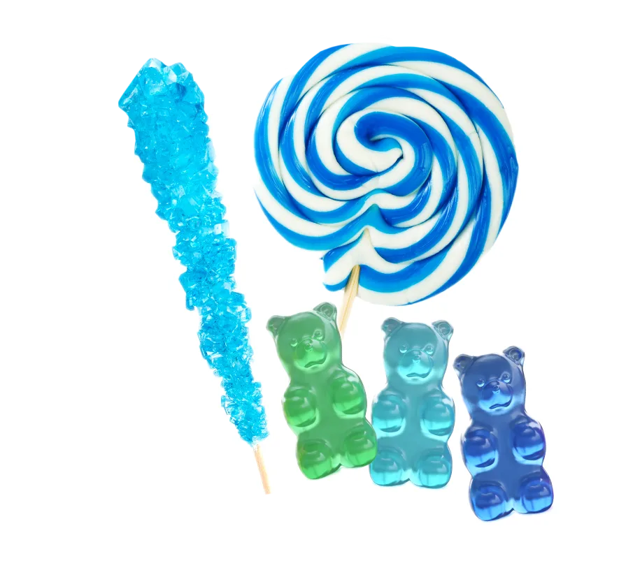 blue and green lollipops and gummy bears