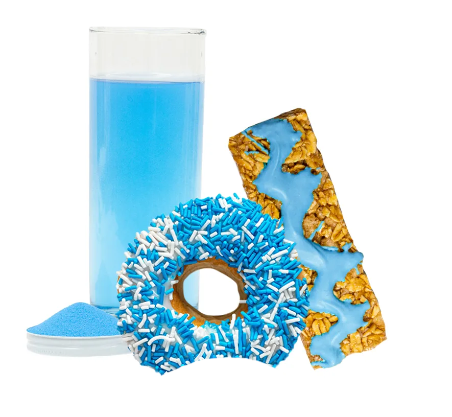bright blue powdered drink, sprinkles on donuts and frosting on granola bar