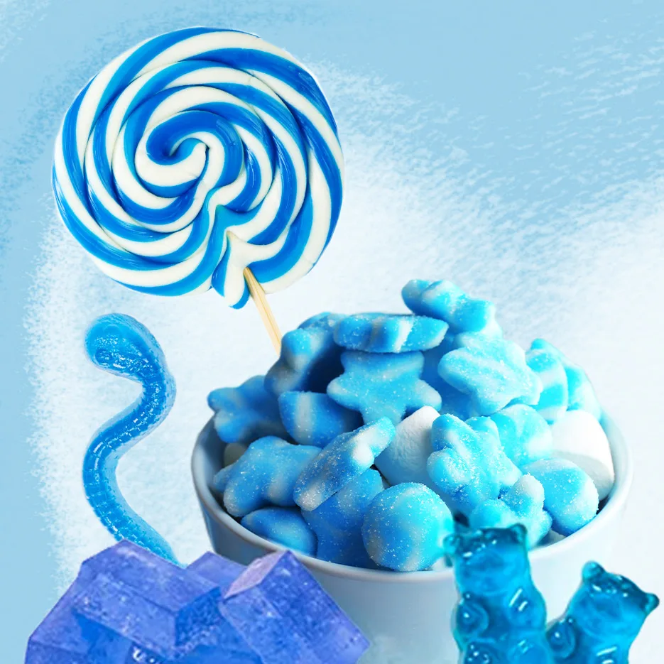 bright blue candies and gummy bears