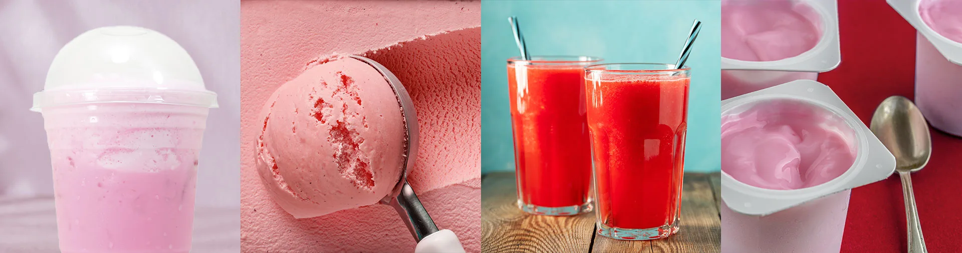collage of different applications of watermelon rose in beverage and dairy