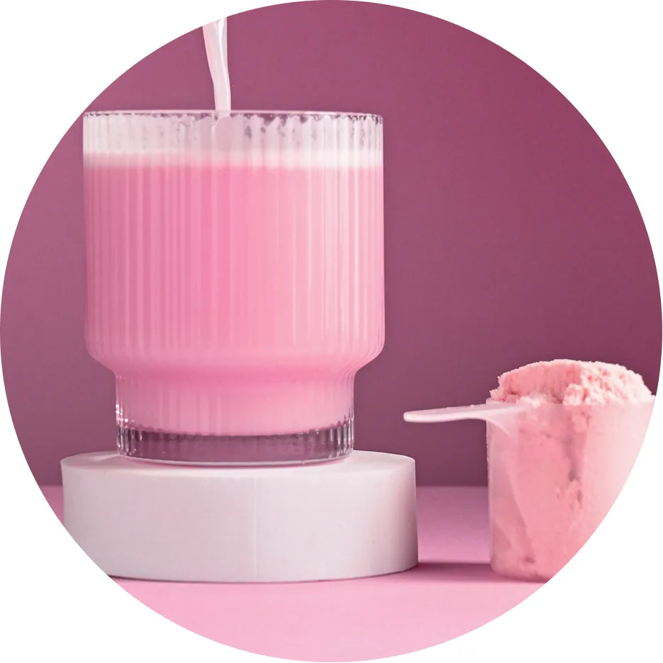 pink protein drink and powder
