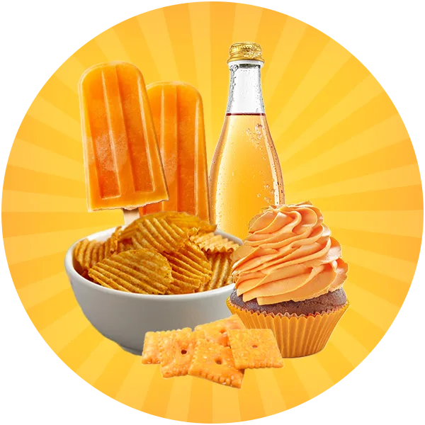 orange collage of food with sunray background