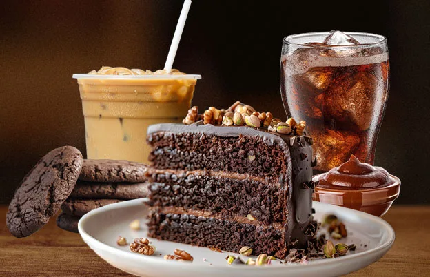 food collage of brown desserts, sauces, and beverages